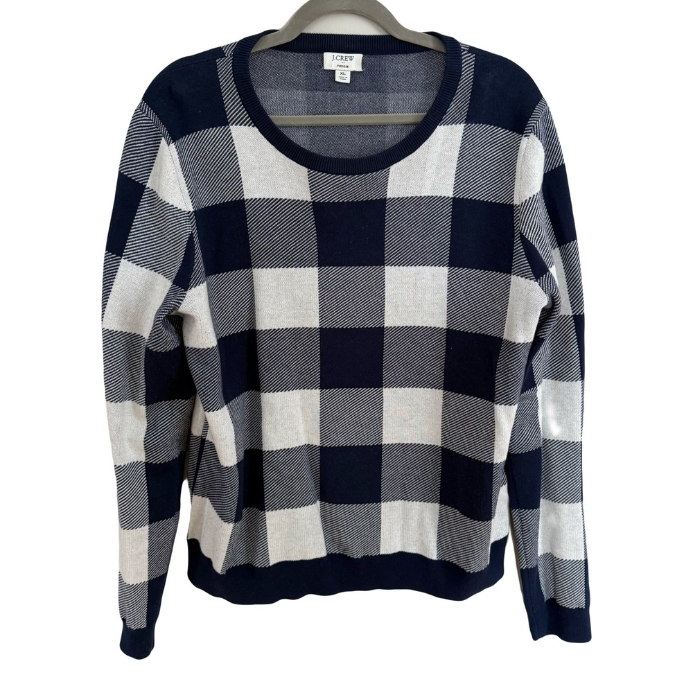 J Crew Teddie Sweater Navy White Buffalo Check‎ Plaid Crew Neck Long Sleeve XL